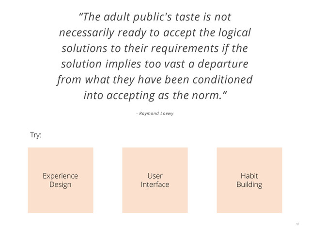 “The adult public's taste is not
necessarily ready to accept the logical
solutions to their requirements if the
solution implies too vast a departure
from what they have been conditioned
into accepting as the norm.”
- Raymond Loewy
10
Experience
Design
User
Interface
Habit
Building
Try:
