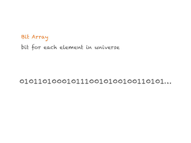 Bit Array
bit for each element in universe
0101101000101110010100100110101…
