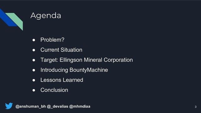 @anshuman_bh @_devalias @mhmdiaa
Agenda
● Problem?
● Current Situation
● Target: Ellingson Mineral Corporation
● Introducing BountyMachine
● Lessons Learned
● Conclusion
3
