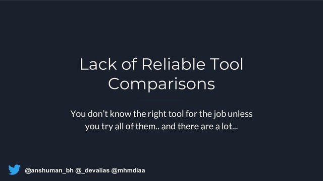 @anshuman_bh @_devalias @mhmdiaa
Lack of Reliable Tool
Comparisons
You don’t know the right tool for the job unless
you try all of them.. and there are a lot...
