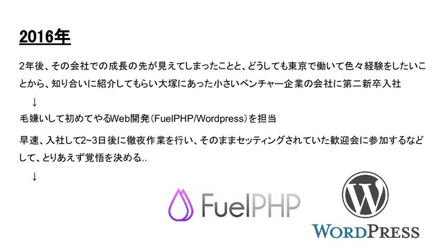 2016年 
2年後、その会社での成長の先が見えてしまったことと、どうしても東京で働いて色々経験をしたいこ
とから、知り合いに紹介してもらい大塚にあった小さいベンチャー企業の会社に第二新卒入社
　　↓
毛嫌いして初めてやるWeb開発（FuelPHP/Wordpress）を担当
早速、入社して2~3日後に徹夜作業を行い、そのままセッティングされていた歓迎会に参加するなど
して、とりあえず覚悟を決める...
　　↓
