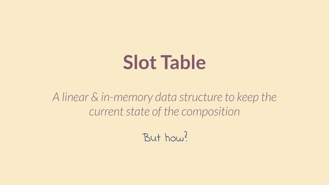 Slot Table
A linear & in-memory data structure to keep the
current state of the composition
But how?
