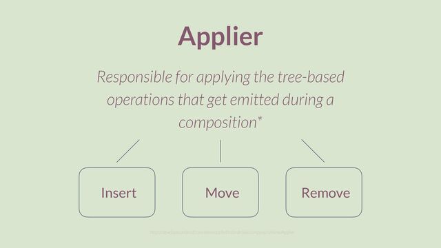 Applier
Responsible for applying the tree-based
operations that get emitted during a
composition*
https://developer.android.com/reference/kotlin/androidx/compose/runtime/Applier
Remove
Move
Insert
