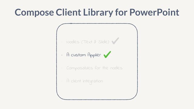 Compose Client Library for PowerPoint
• Nodes (Text & Slide)


• A custom Applier


• Composables for the nodes


• A client integration
