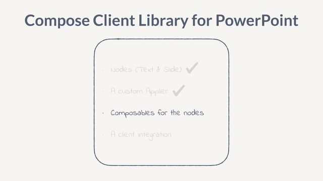 Compose Client Library for PowerPoint
• Nodes (Text & Slide)


• A custom Applier


• Composables for the nodes


• A client integration
