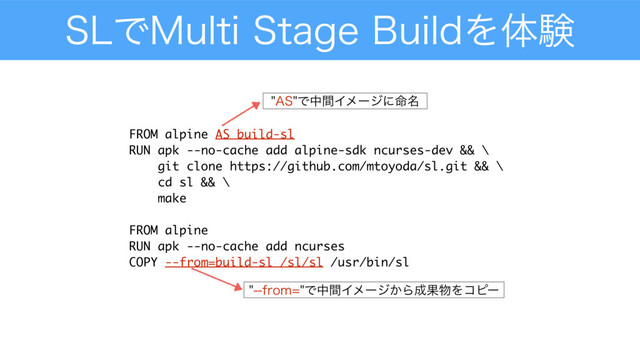 4-Ͱ.VMUJ4UBHF#VJMEΛମݧ
FROM alpine AS build-sl
RUN apk --no-cache add alpine-sdk ncurses-dev && \
git clone https://github.com/mtoyoda/sl.git && \
cd sl && \
make
FROM alpine
RUN apk --no-cache add ncurses
COPY --from=build-sl /sl/sl /usr/bin/sl
"4ͰதؒΠϝʔδʹ໋໊
GSPNͰதؒΠϝʔδ͔Β੒Ռ෺Λίϐʔ

