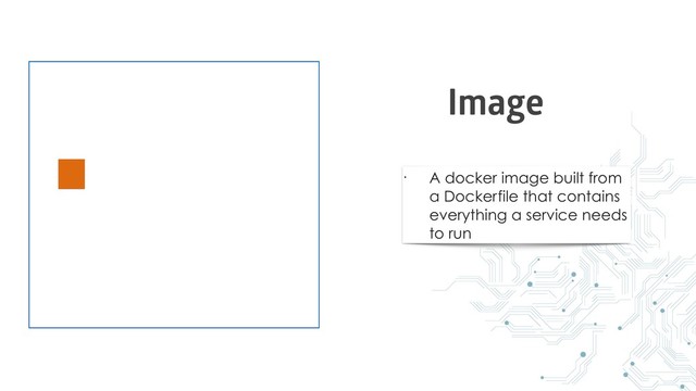 • A docker image built from
a Dockerfile that contains
everything a service needs
to run
Image
