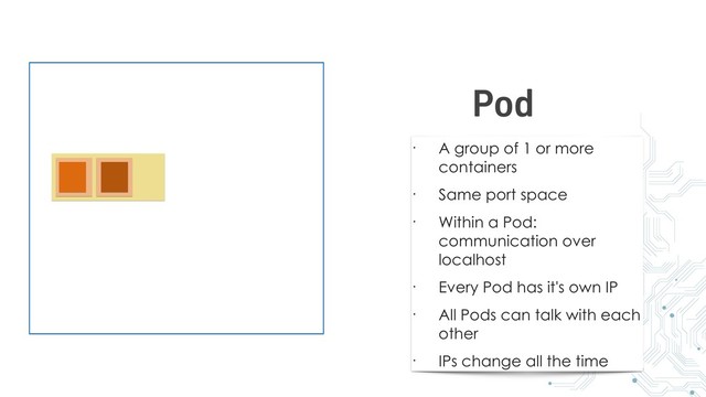 • A group of 1 or more
containers
• Same port space
• Within a Pod:
communication over
localhost
• Every Pod has it's own IP
• All Pods can talk with each
other
• IPs change all the time
Pod
