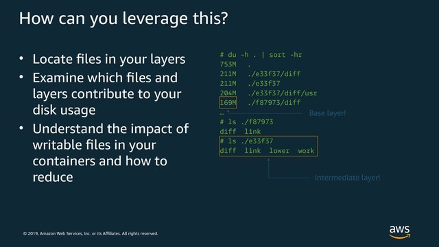 © 2019, Amazon Web Services, Inc. or its Affiliates. All rights reserved.
How can you leverage this?
• Locate files in your layers
• Examine which files and
layers contribute to your
disk usage
• Understand the impact of
writable files in your
containers and how to
reduce
# du -h . | sort -hr
753M .
211M ./e33f37/diff
211M ./e33f37
204M ./e33f37/diff/usr
169M ./f87973/diff
…
# ls ./f87973
diff link
# ls ./e33f37
diff link lower work
Base layer!
Intermediate layer!
