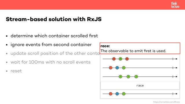 • determine which container scrolled
fi
rst


• ignore events from second container


• update scroll position of the other container


• wait for 100ms with no scroll events


• reset


Stream-based solution with RxJS
https://rxmarbles.com/#race
race:


The observable to emit
fi
rst is used.
