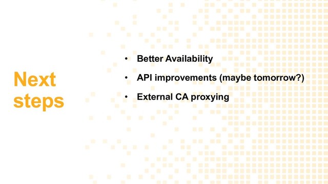 • Better Availability
• API improvements (maybe tomorrow?)
• External CA proxying
Next
steps
