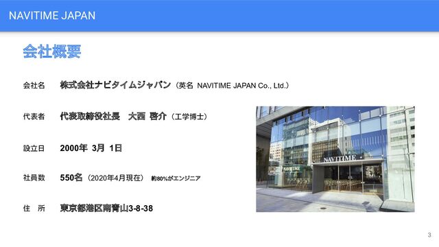 NAVITIME JAPAN
会社名 株式会社ナビタイムジャパン (英名 NAVITIME JAPAN Co., Ltd.)
代表者 代表取締役社長　大西 啓介 (工学博士)
設立日 2000年 3月 1日
社員数 550名 (2020年4月現在)　約80%がエンジニア
住　所 東京都港区南青山3-8-38
3
会社概要
