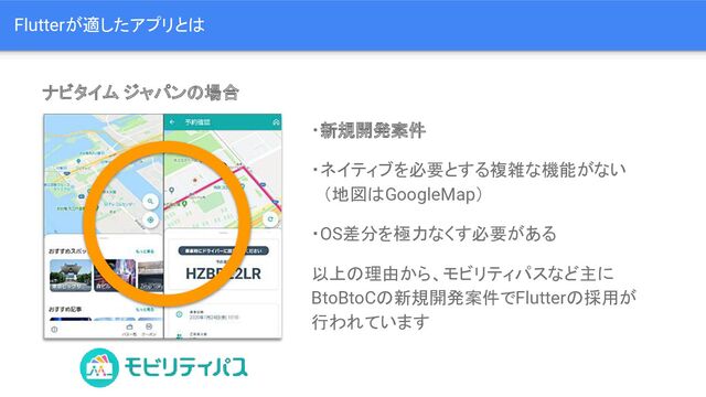 Flutterが適したアプリとは
ナビタイム ジャパンの場合
・新規開発案件
・ネイティブを必要とする複雑な機能がない
　（地図はGoogleMap）
・OS差分を極力なくす必要がある
以上の理由から、モビリティパスなど主に
BtoBtoCの新規開発案件でFlutterの採用が
行われています
