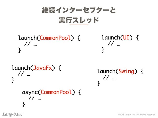 ©2018 Lang-8 Inc. ALL Rights Reserved.
ܧଓΠϯλʔηϓλʔͱ
࣮ߦεϨου
launch(CommonPool) {
// …
}
launch(UI) {
// …
}
launch(JavaFx) {
// …
}
launch(Swing) {
// …
}
async(CommonPool) {
// …
}
