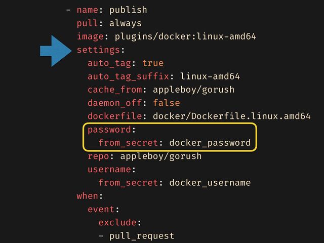 - name: publish


pull: always


image: plugins/docker:linux
-
amd64


settings:


auto_tag: true


auto_tag_suff
i
x: linux
-
amd64


cache_from: appleboy/gorush


daemon_off: false


dockerf
i
le: docker/Dockerf
i
le.linux.amd64


password:


from_secret: docker_password


repo: appleboy/gorush


username:


from_secret: docker_username


when:


event:


exclude:


- pull_request


