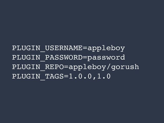 PLUGIN_USERNAME=appleboy
PLUGIN_PASSWORD=password
PLUGIN_REPO=appleboy/gorush
PLUGIN_TAGS=1.0.0,1.0

