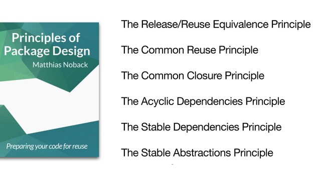 The Release/Reuse Equivalence Principle
The Common Reuse Principle
The Common Closure Principle
The Acyclic Dependencies Principle
The Stable Dependencies Principle
The Stable Abstractions Principle
