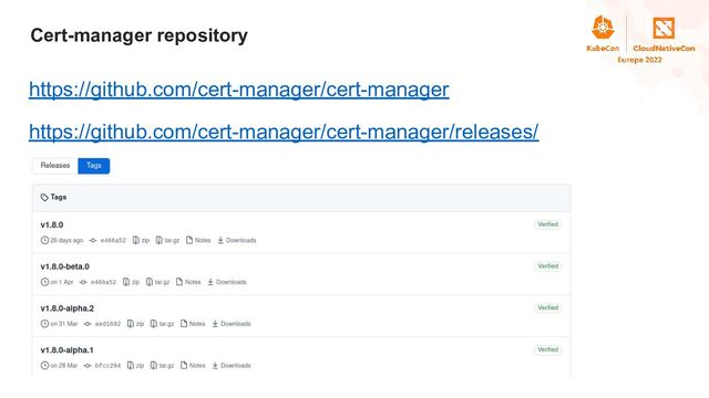 Title
Cert-manager repository
https://github.com/cert-manager/cert-manager
https://github.com/cert-manager/cert-manager/releases/
