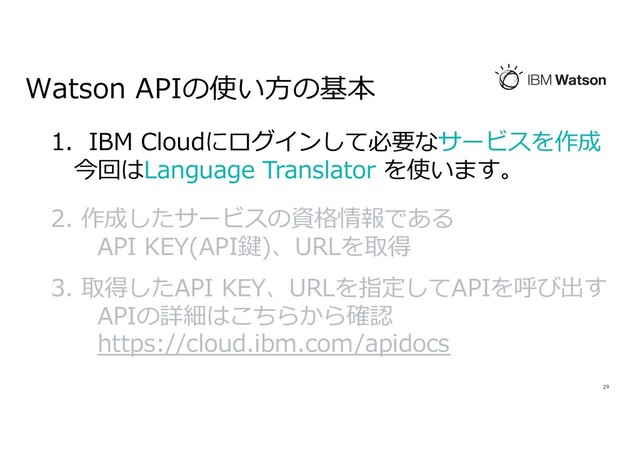 Watson APIの使い⽅の基本
29
1. IBM Cloudにログインして必要なサービスを作成
今回はLanguage Translator を使います。
2. 作成したサービスの資格情報である
API KEY(API鍵)、URLを取得
3. 取得したAPI KEY、URLを指定してAPIを呼び出す
APIの詳細はこちらから確認
https://cloud.ibm.com/apidocs
