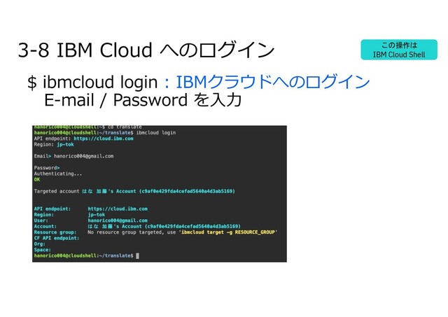 3-8 IBM Cloud へのログイン
$ ibmcloud login : IBMクラウドへのログイン
E-mail / Password を⼊⼒
この操作は
IBM Cloud Shell
