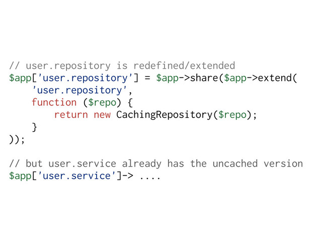 // user.repository is redefined/extended
$app['user.repository'] = $app->share($app->extend(
'user.repository',
function ($repo) {
return new CachingRepository($repo);
}
));
// but user.service already has the uncached version
$app['user.service']-> ....
