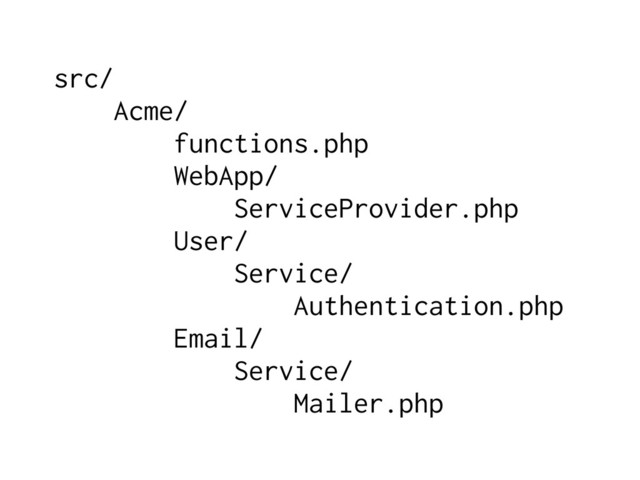 src/
Acme/
functions.php
WebApp/
ServiceProvider.php
User/
Service/
Authentication.php
Email/
Service/
Mailer.php
