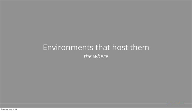 Environments that host them
the where
Tuesday, July 1, 14
