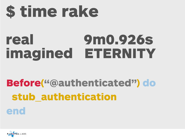 $ time rake
real 9m0.926s
imagined ETERNITY
Before(“@authenticated”) do
stub_authentication
end
