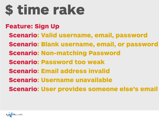 $ time rake
Feature: Sign Up
Scenario: Valid username, email, password
Scenario: Blank username, email, or password
Scenario: Non-matching Password
Scenario: Password too weak
Scenario: Email address invalid
Scenario: Username unavailable
Scenario: User provides someone else’s email
