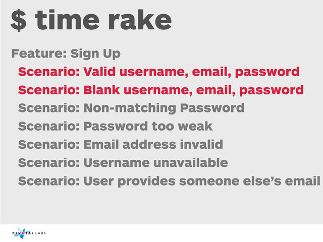 $ time rake
Feature: Sign Up
Scenario: Valid username, email, password
Scenario: Blank username, email, password
Scenario: Non-matching Password
Scenario: Password too weak
Scenario: Email address invalid
Scenario: Username unavailable
Scenario: User provides someone else’s email
