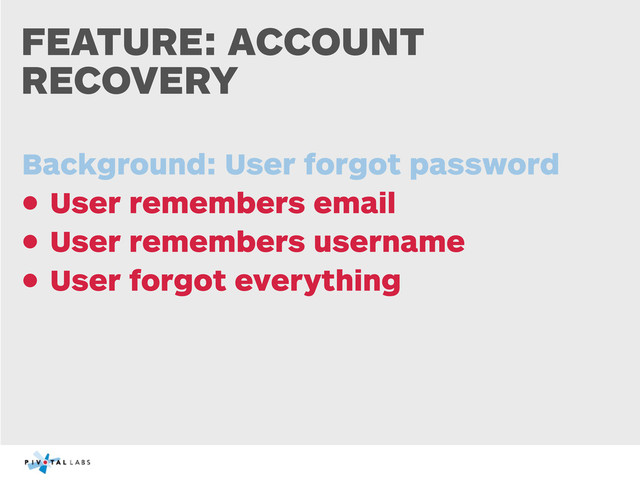 FEATURE: ACCOUNT
RECOVERY
Background: User forgot password
• User remembers email
• User remembers username
• User forgot everything
