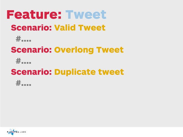 Feature: Tweet
Scenario: Valid Tweet
#....
Scenario: Overlong Tweet
#....
Scenario: Duplicate tweet
#....
