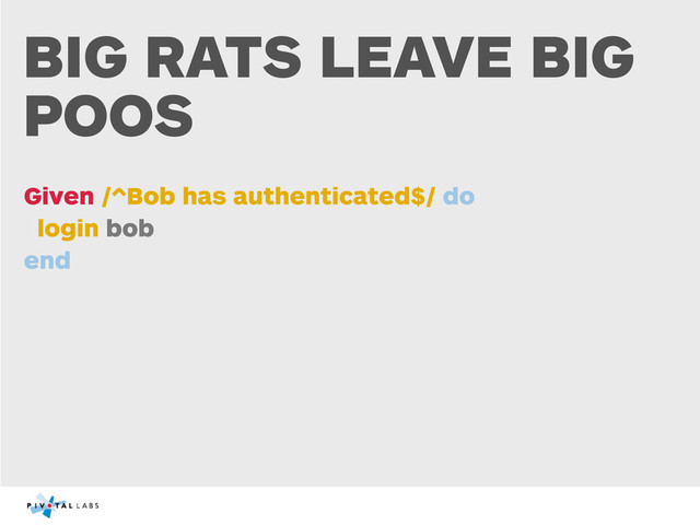BIG RATS LEAVE BIG
POOS
Given /^Bob has authenticated$/ do
login bob
end
