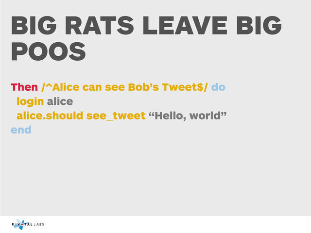 BIG RATS LEAVE BIG
POOS
Then /^Alice can see Bob’s Tweet$/ do
login alice
alice.should see_tweet “Hello, world”
end
