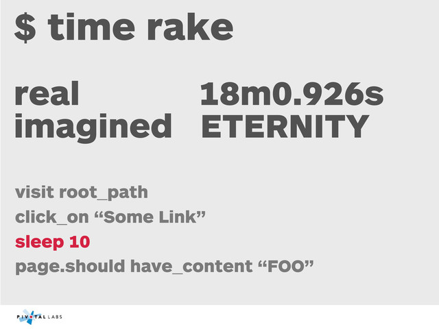 $ time rake
real 18m0.926s
imagined ETERNITY
visit root_path
click_on “Some Link”
sleep 10
page.should have_content “FOO”
