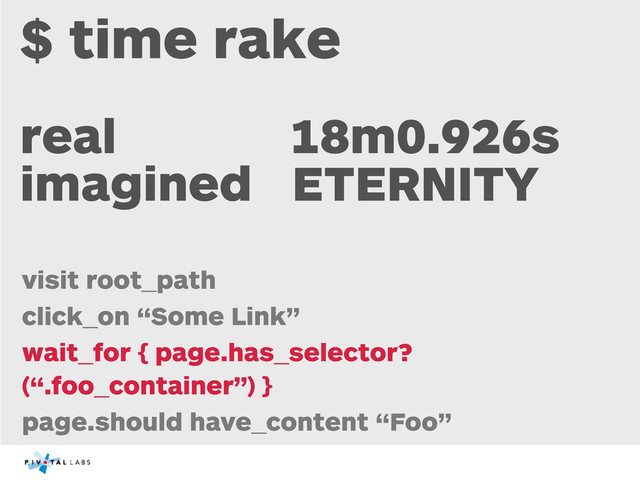 $ time rake
real 18m0.926s
imagined ETERNITY
visit root_path
click_on “Some Link”
wait_for { page.has_selector?
(“.foo_container”) }
page.should have_content “Foo”
