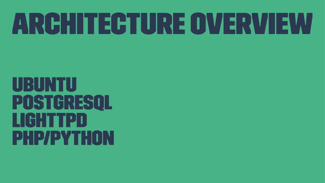 Architecture Overview
Ubuntu
Postgresql
Lighttpd
PHP/Python
