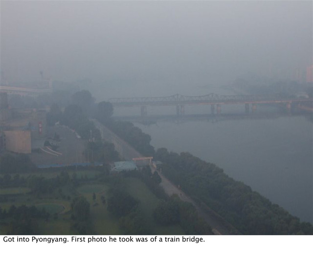 Got into Pyongyang. First photo he took was of a train bridge.
