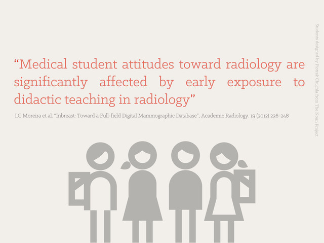 “
“Medical student attitudes toward radiology are
Medical student attitudes toward radiology are
significantly affected by early exposure to
significantly affected by early exposure to
didactic teaching in radiology
didactic teaching in radiology”
”
I.C Moreira et al. “Inbreast: Toward a Full-field Digital Mammographic Database”, Academic Radiology. 19 (2012) 236-248
I.C Moreira et al. “Inbreast: Toward a Full-field Digital Mammographic Database”, Academic Radiology. 19 (2012) 236-248
Students designed by Piotrek Chuchla from The Noun Project
