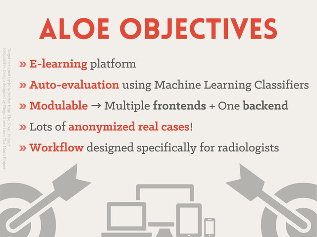 Aloe objectives
Aloe objectives
» E-learning
E-learning platform
platform
» Auto-evaluation
Auto-evaluation using Machine Learning Classifiers
using Machine Learning Classifiers
» Modulable
Modulable Multiple
→ Multiple
→ frontends
frontends + One
+ One backend
backend
» Lots of
Lots of anonymized real cases
anonymized real cases!
!
» Workflow
Workflow designed specifically for radiologists
designed specifically for radiologists
Responsive Design designed by Diego Naive from The Noun Project
Target designed by Julia Stoffer from The Noun Project
