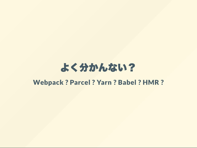 Webpack ? Parcel ? Yarn ? Babel ? HMR ?
