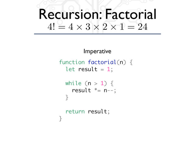 Recursion: Factorial
function factorial(n) {
let result = 1;
while (n > 1) {
result *= n--;
}
return result;
}
Imperative
