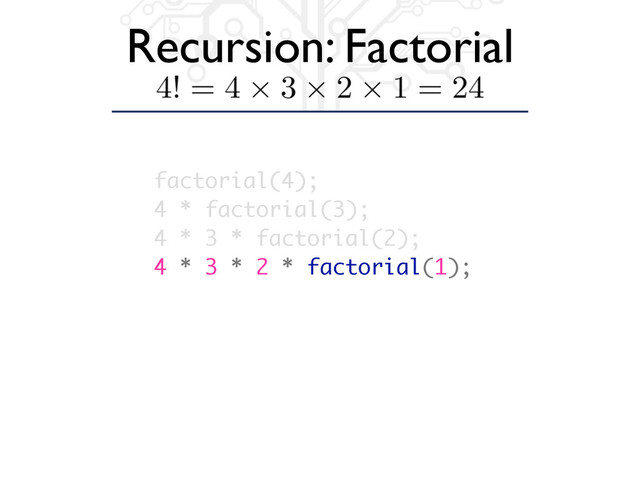 Recursion: Factorial
factorial(4);
4 * factorial(3);
4 * 3 * factorial(2);
4 * 3 * 2 * factorial(1);
