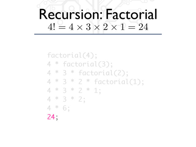 Recursion: Factorial
factorial(4);
4 * factorial(3);
4 * 3 * factorial(2);
4 * 3 * 2 * factorial(1);
4 * 3 * 2 * 1;
4 * 3 * 2;
4 * 6;
24;

