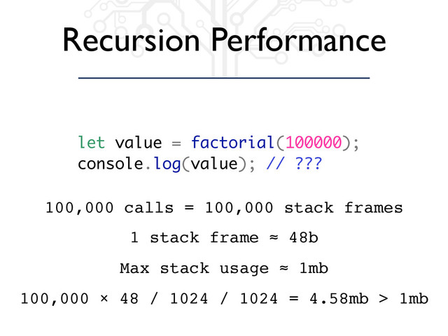 Recursion Performance
let value = factorial(100000);
console.log(value); // ???
100,000 calls = 100,000 stack frames
1 stack frame ≈ 48b
Max stack usage ≈ 1mb
100,000 × 48 / 1024 / 1024 = 4.58mb > 1mb
