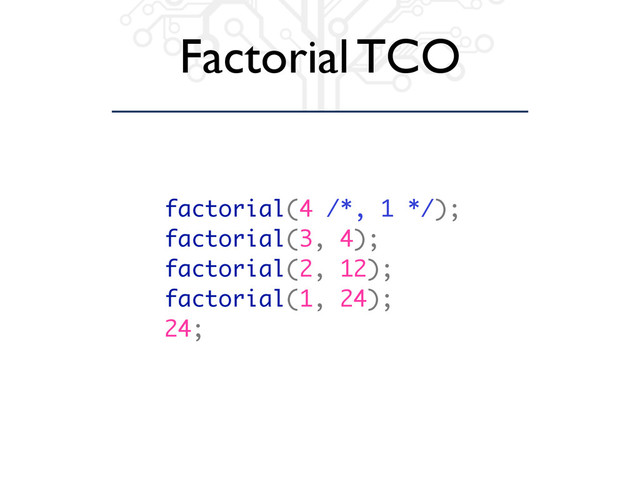 Factorial TCO
factorial(4 /*, 1 */);
factorial(3, 4);
factorial(2, 12);
factorial(1, 24);
24;
