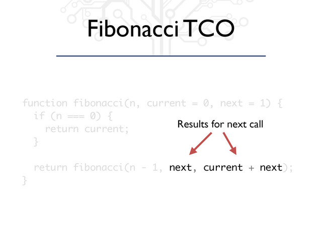 Fibonacci TCO
function fibonacci(n, current = 0, next = 1) {
if (n === 0) {
return current;
}
return fibonacci(n - 1, next, current + next);
}
Results for next call
