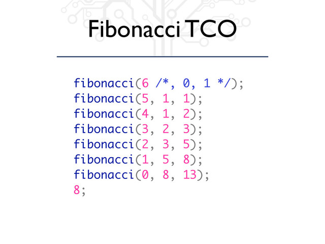Fibonacci TCO
fibonacci(6 /*, 0, 1 */);
fibonacci(5, 1, 1);
fibonacci(4, 1, 2);
fibonacci(3, 2, 3);
fibonacci(2, 3, 5);
fibonacci(1, 5, 8);
fibonacci(0, 8, 13);
8;
