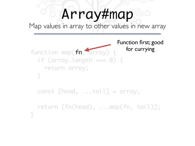 Array#map
Map values in array to other values in new array
function map(fn, array) {
if (array.length === 0) {
return array;
}
const [head, ...tail] = array;
return [fn(head), ...map(fn, tail)];
}
Function ﬁrst; good
for currying
