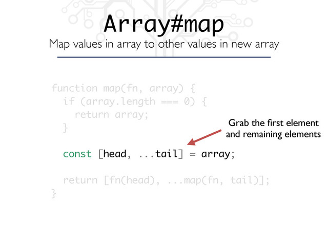 Array#map
Map values in array to other values in new array
function map(fn, array) {
if (array.length === 0) {
return array;
}
const [head, ...tail] = array;
return [fn(head), ...map(fn, tail)];
}
Grab the ﬁrst element
and remaining elements

